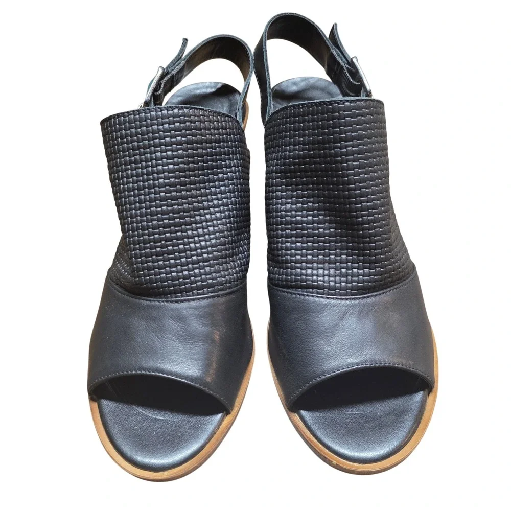 Sophia Milano Black Woven Leather Slingback Wedge Sandals Made in Italy Size 8.5